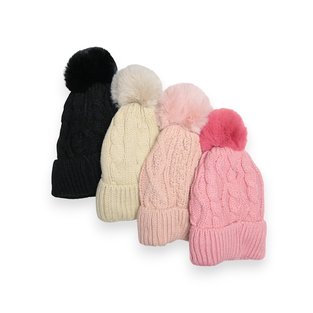 NWT Women Cable Knit Pom Beanie Hat Lined Cuff Winter Skull Cap One Size